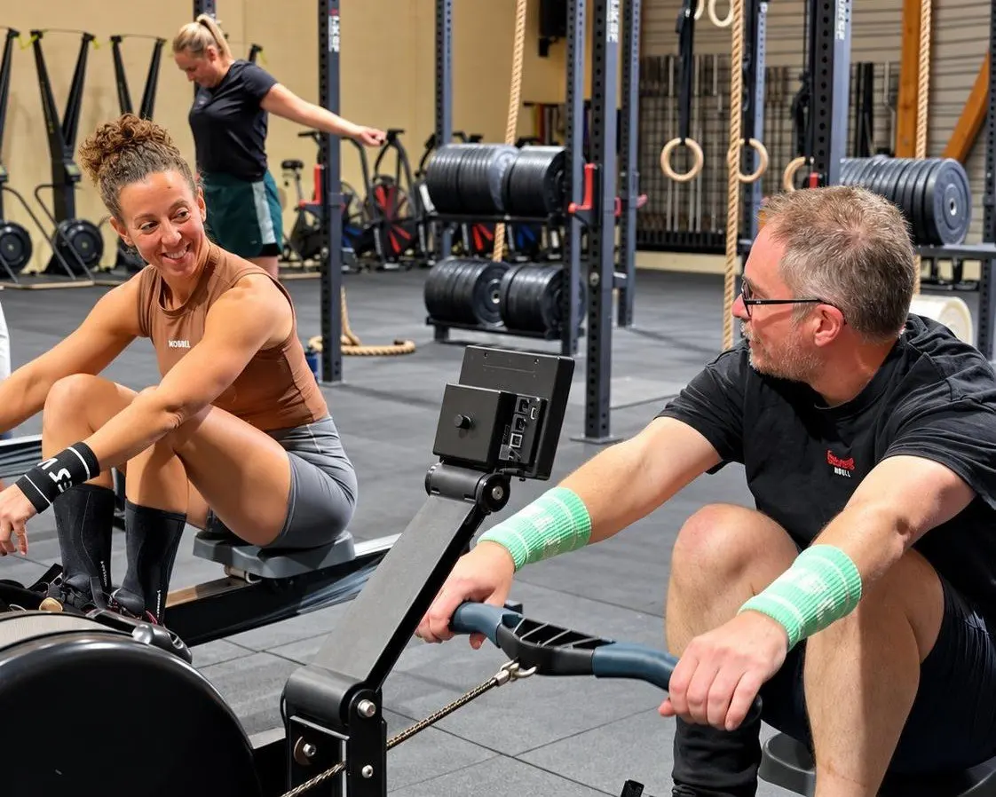 Un coach accompagne un adhérent pendant un exercice avec haltère